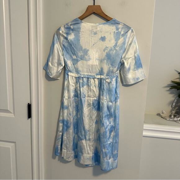 NWT GANNI Blue White Satin Powder Blue Mini Dress XS 32 - Picture 6 of 13